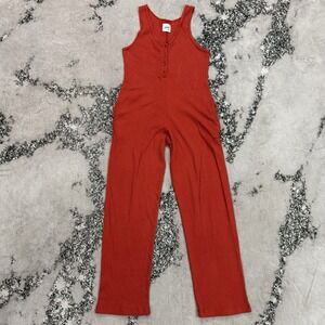 Lezat Waffle Knit Sleeveless Henley Jumpsuit Rust Wide Leg Lounge Women's S